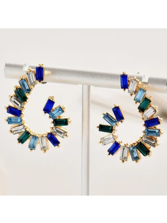 Jewelry - Swirl Blue Green Crystal Gold Toned Stud Earrings